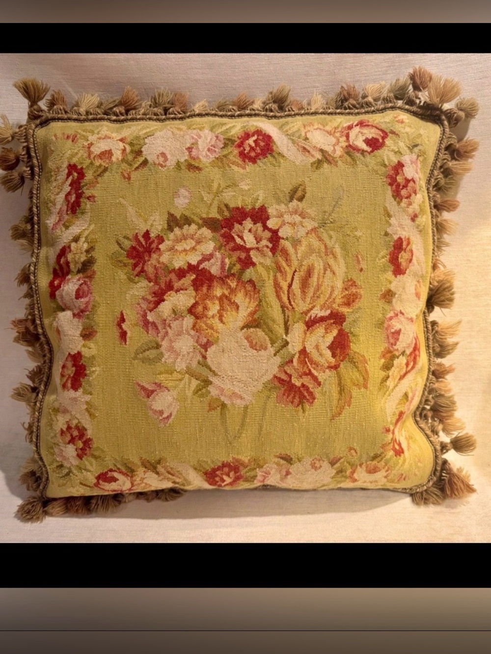 Vintage Aubusson Needlepoint Pillow approx 22x22. Beautiful condition.